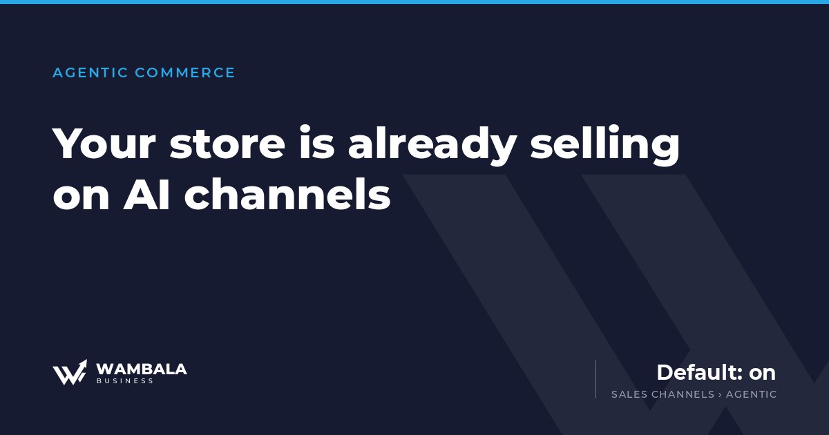 Cover for the article on Shopify agentic storefronts, showing that the setting is on by default under Sales channels and Agentic